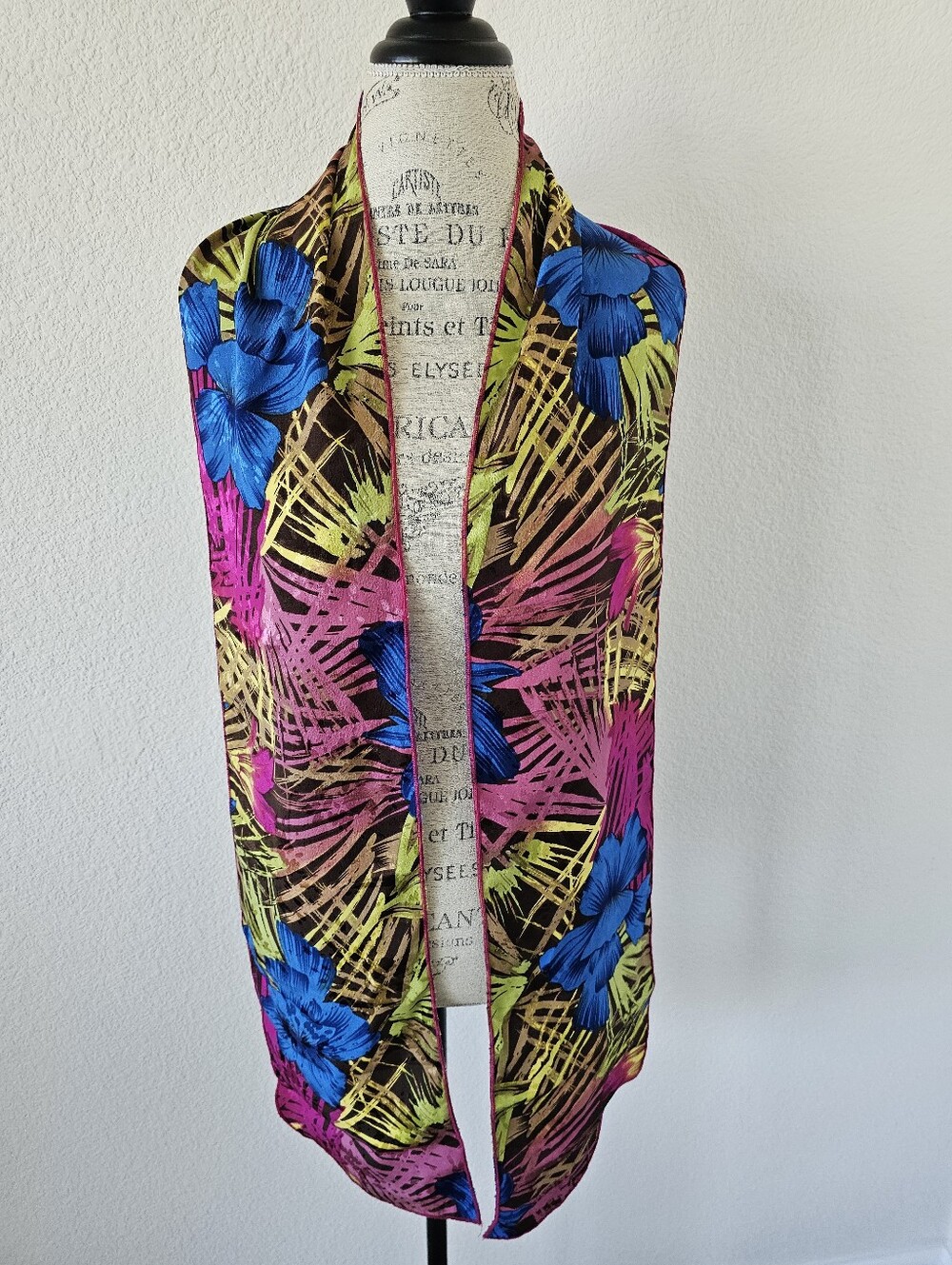 Vintage Tropical Floral Oblong Scarf Bright Blue Hibiscus Palm Leaves Pink